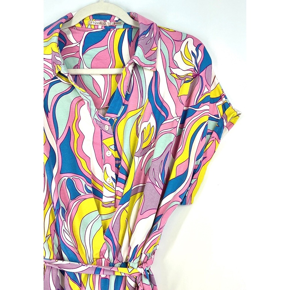 Equal Shirt Dress Pink Blue Yellow Abstract Print Tie Waist Maximalist Sz L - Picture 4 of 13